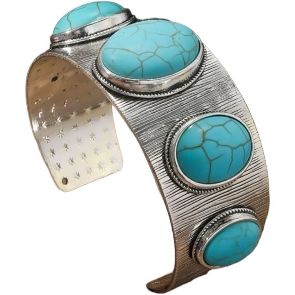 Silver Tone & Turquoise Wide Open Cuff Bracelet - Picture 5 of 10